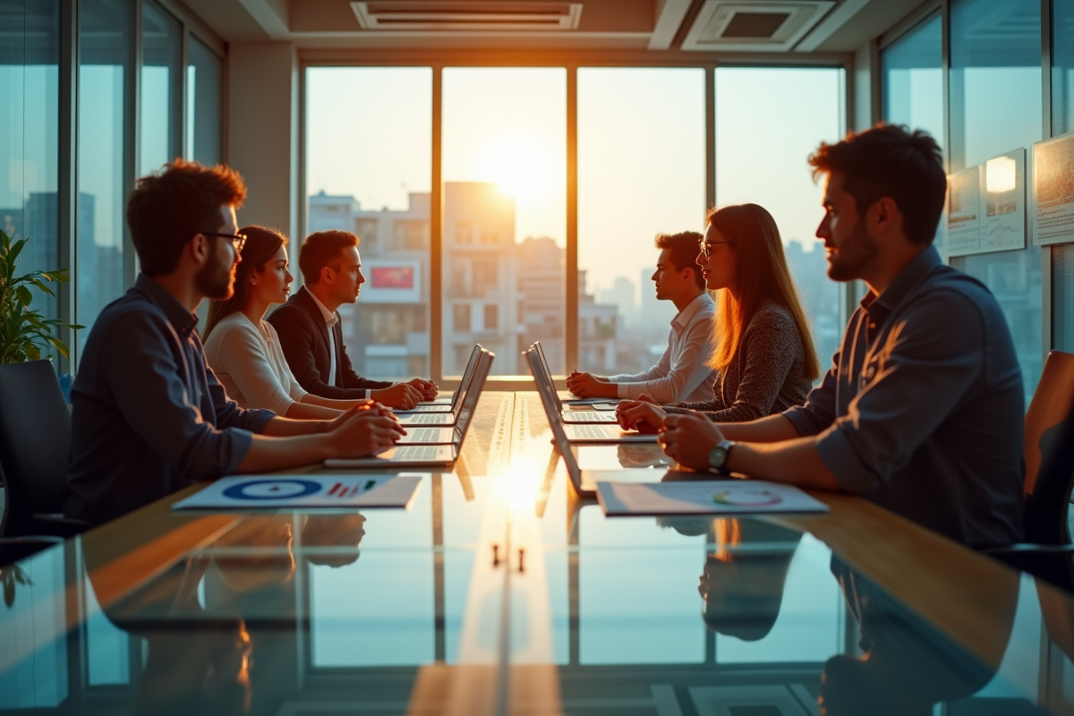 Groupe de professionnels en réunion collaborative avec infographies