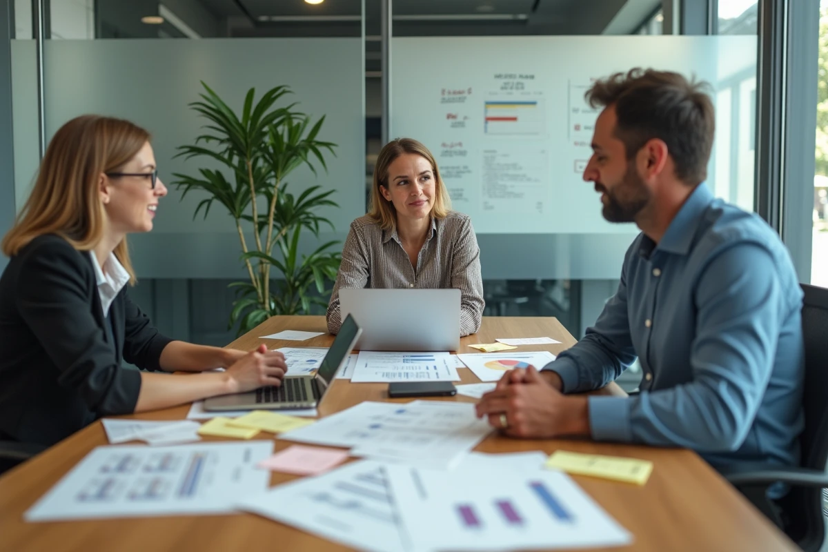 Équipe de professionnels discutant des marges et de la rentabilité de projets autour d'une table de réunion avec des rapports imprimés