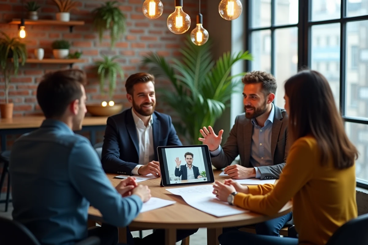 Groupe de collègues en réunion hybride autour d'une table en bois dans un espace de coworking, avec un participant à distance sur tablette