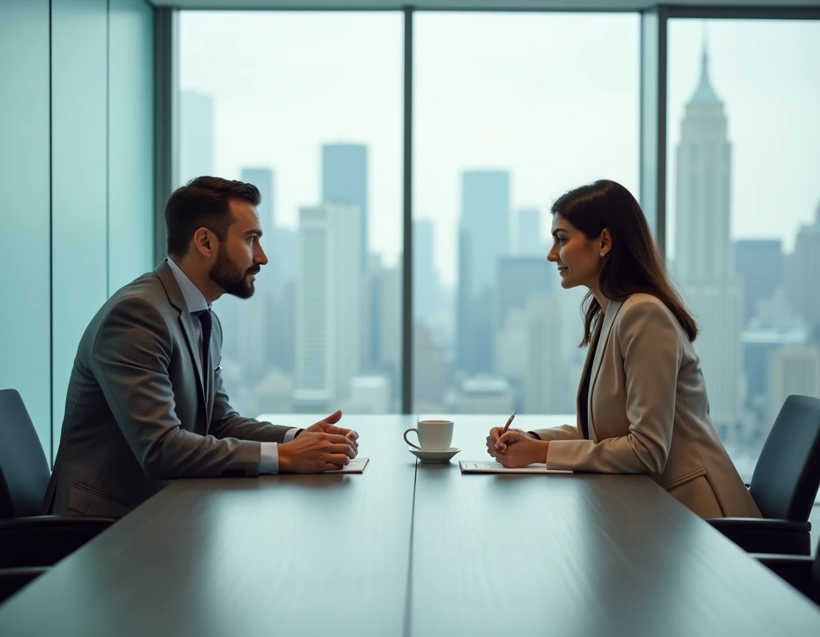 Deux professionnels en réunion face à face lors d'un rendez-vous commercial qualifié dans une salle de conférence moderne