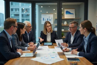 Groupe de professionnels discutant autour d'une table en ville