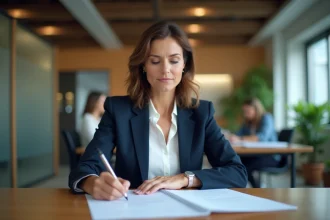 Femme professionnelle annotant un document administratif dans un bureau moderne, illustrant la révision du langage formel en entreprise