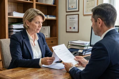 Femme cadre en entretien RH dans un bureau de la fonction publique pour la reprise d'expérience professionnelle antérieure sur son salaire contractuel