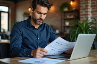 Entrepreneur de 38 ans en chemise marine qui analyse des documents d'aide à la création d'entreprise dans un espace de coworking moderne