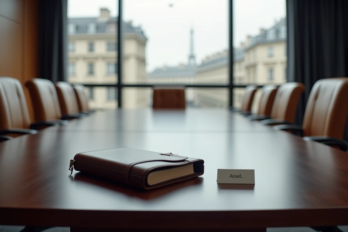 Salle de conseil d'administration vide avec un dossier abandonné symbolisant un changement de gouvernance bancaire