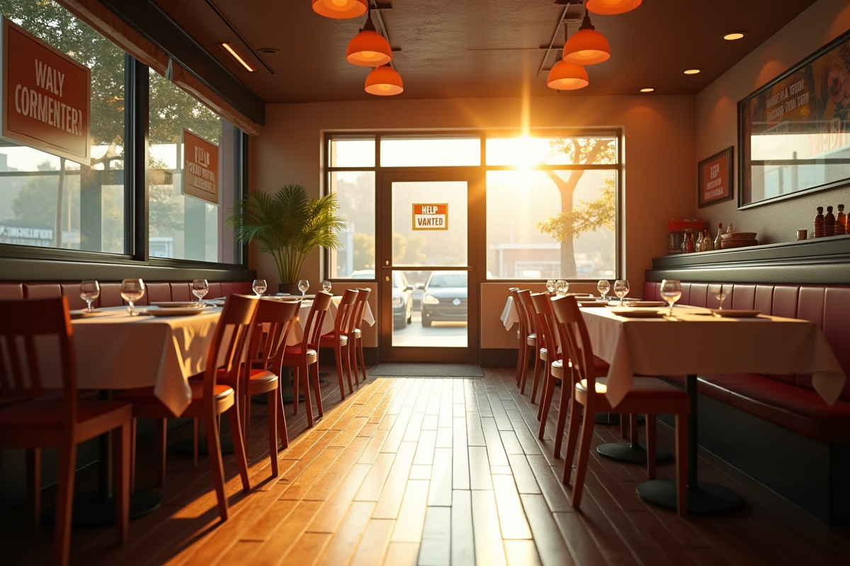 Salle de restaurant avec tables vides et panneau d