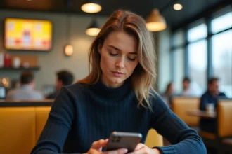 Femme remplissant un questionnaire de satisfaction client Burger King sur son smartphone dans un restaurant fast food