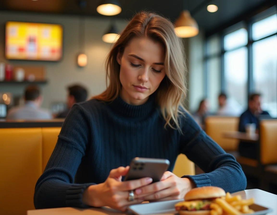 Femme remplissant un questionnaire de satisfaction client Burger King sur son smartphone dans un restaurant fast food