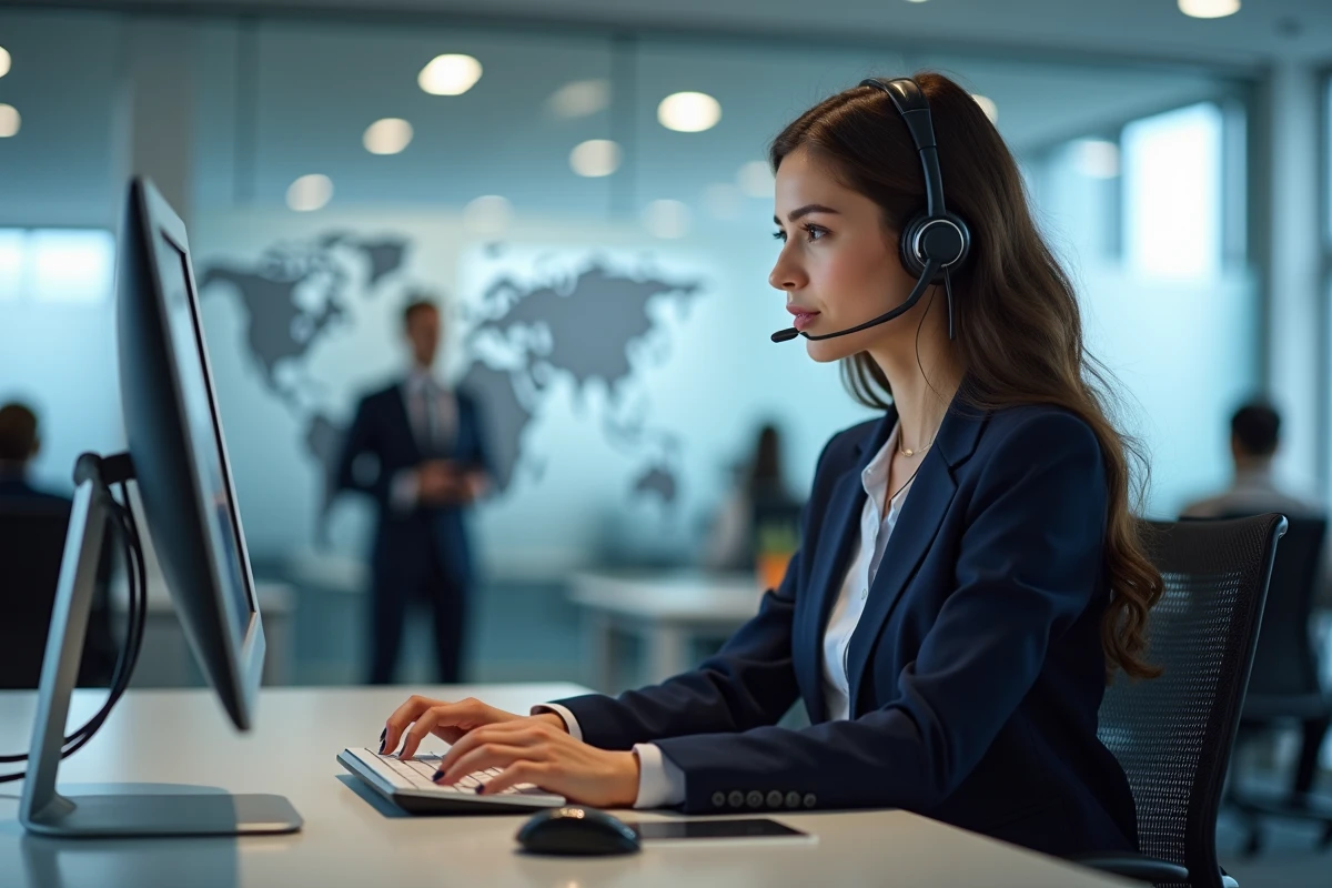 Jeune femme service client avec casque et horloge mondiale