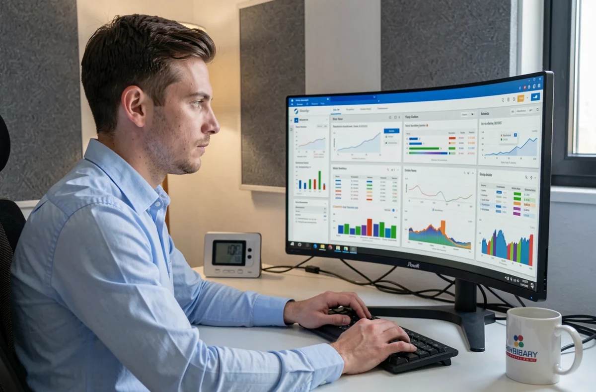 Analyste data de Sifu Digital étudiant des visualisations SEO avancées sur écran incurvé