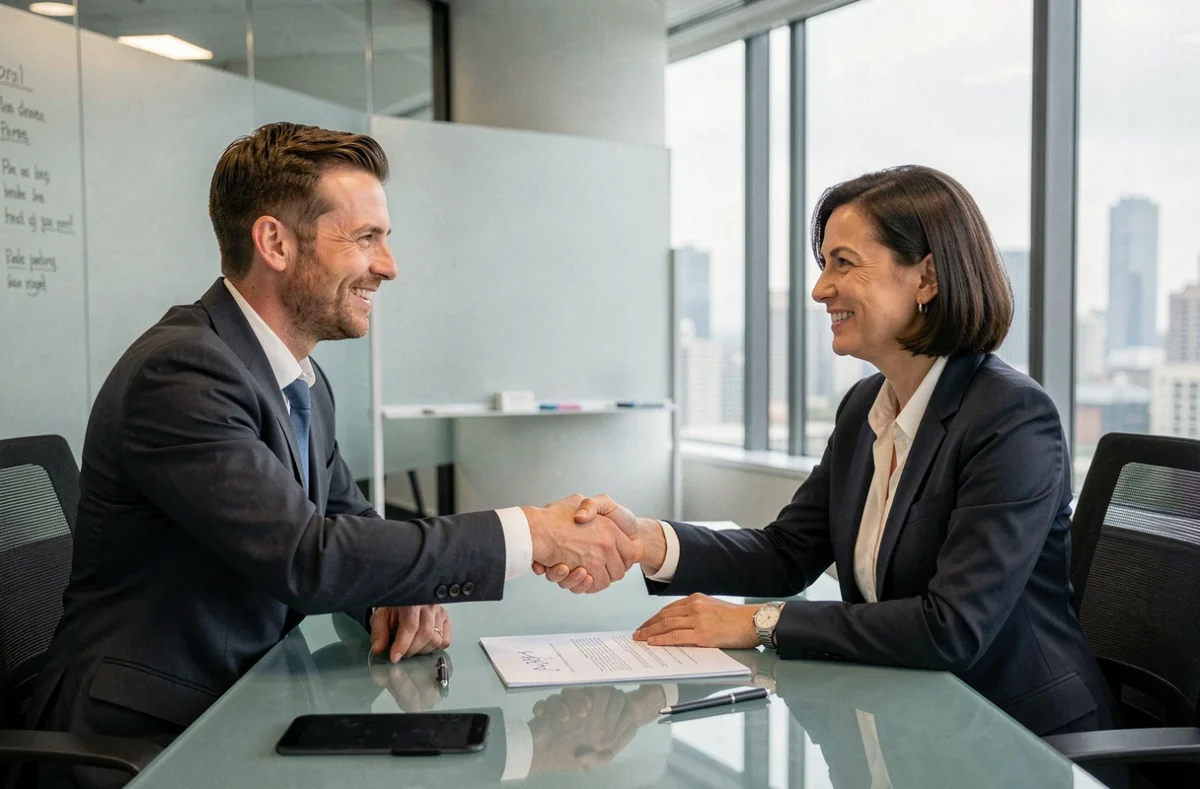 Signature d'un contrat de portage salarial entre un consultant indépendant et une société de portage en salle de réunion