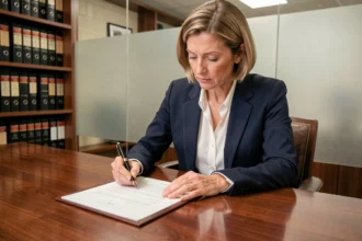 Cadre dirigeante signant un document officiel par délégation de signature dans un bureau professionnel