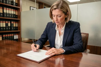 Cadre dirigeante signant un document officiel par délégation de signature dans un bureau professionnel