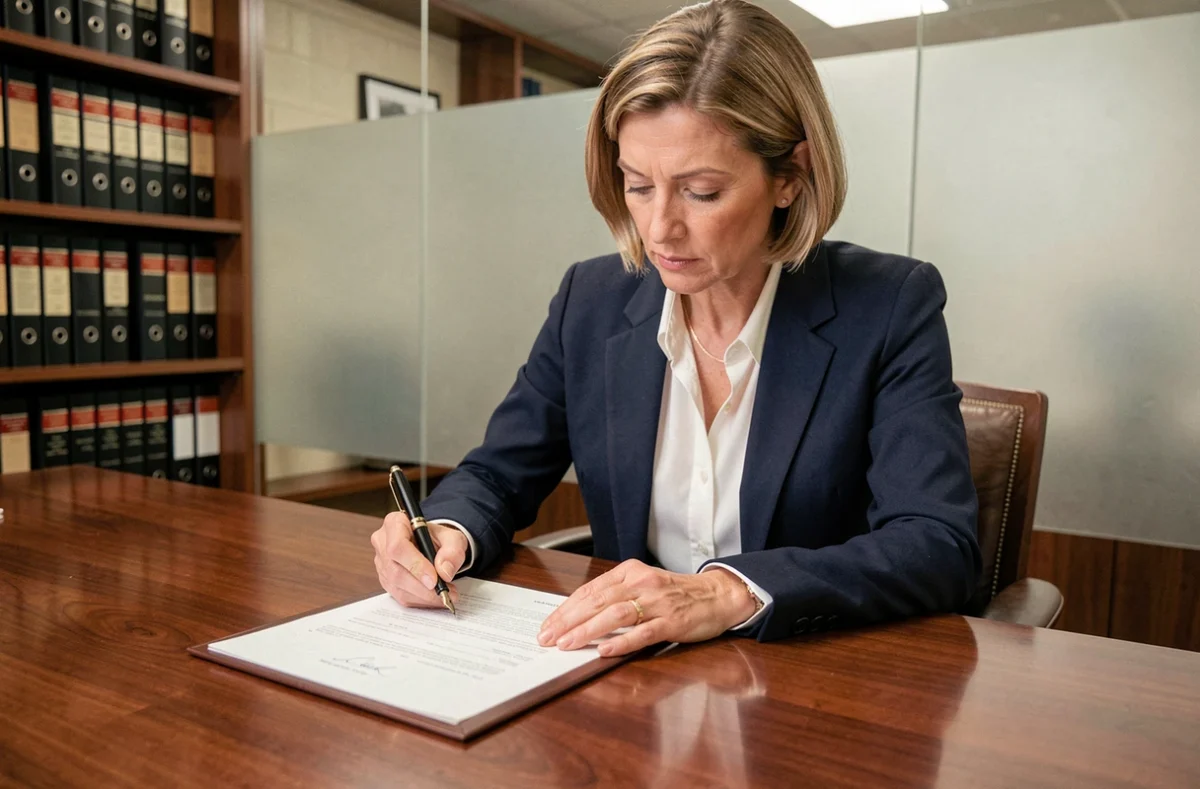 Cadre dirigeante signant un document officiel par délégation de signature dans un bureau professionnel