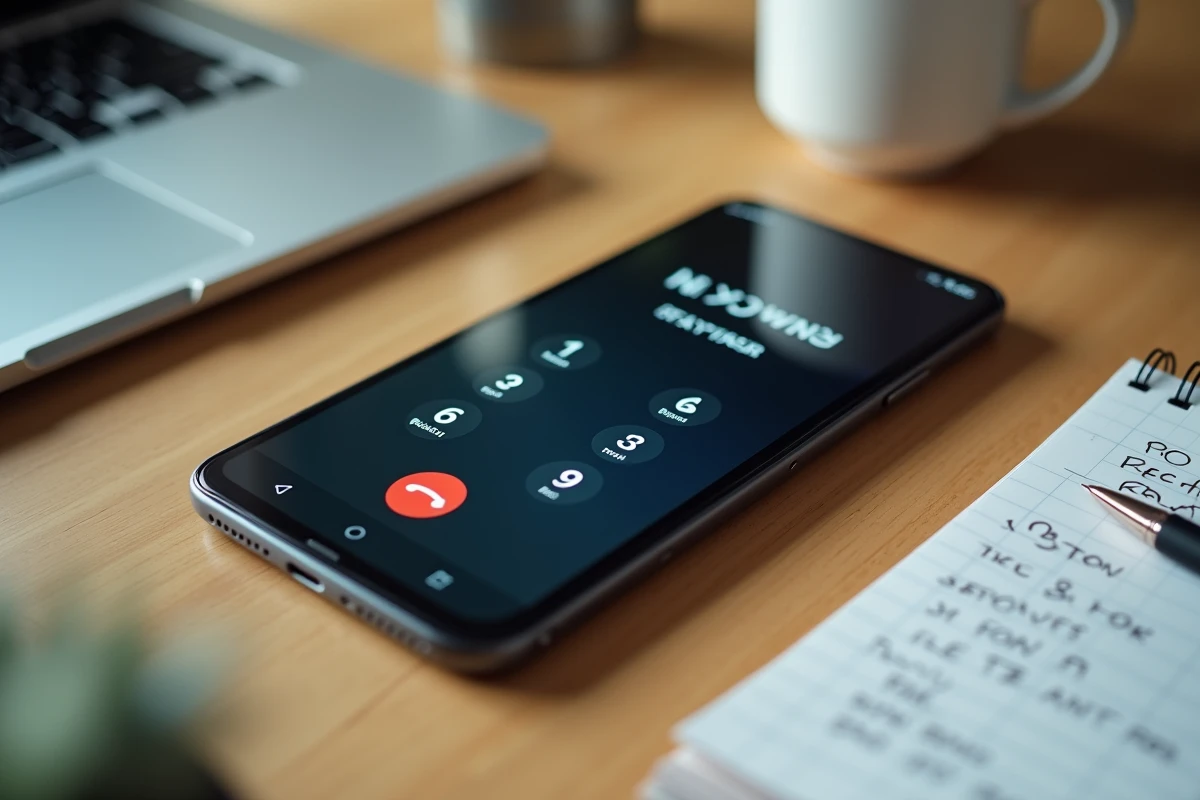 Smartphone affichant un appel entrant d'un numéro inconnu avec des outils de traçage et un carnet de notes sur une table en bois