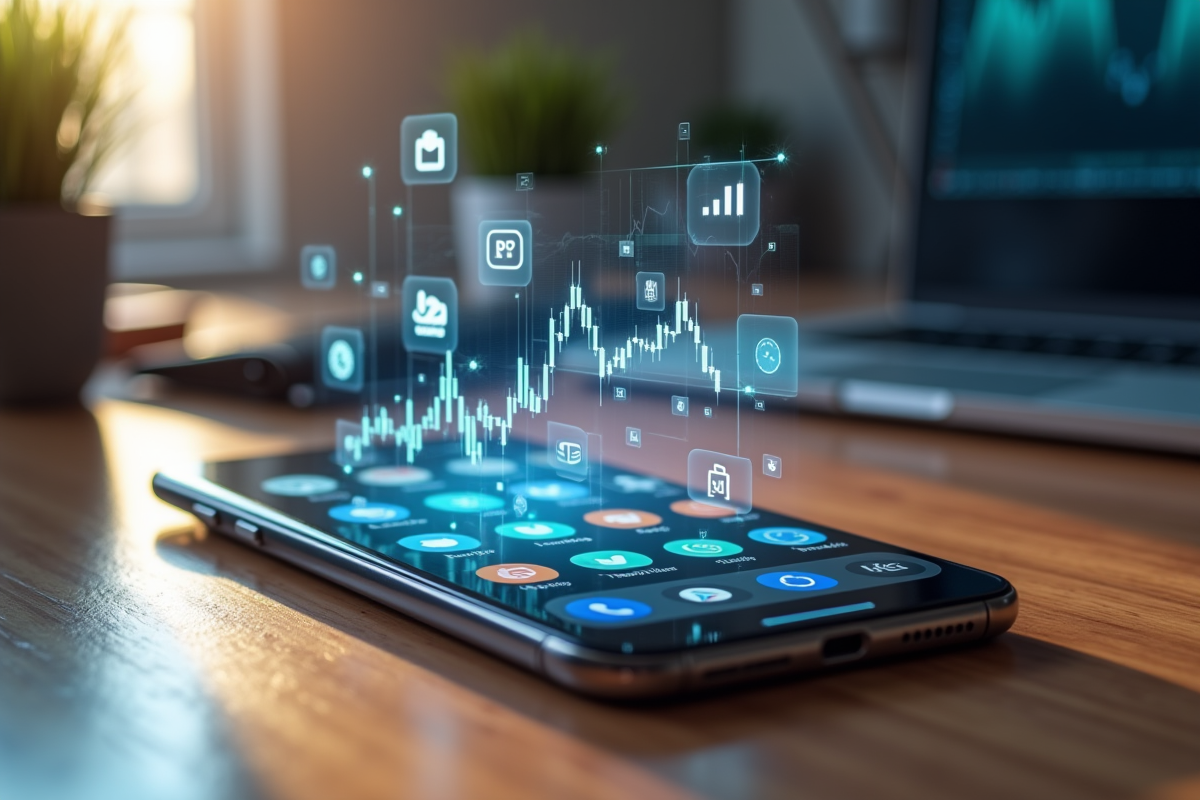 Smartphone affichant des icônes réseaux sociaux et graphiques financiers