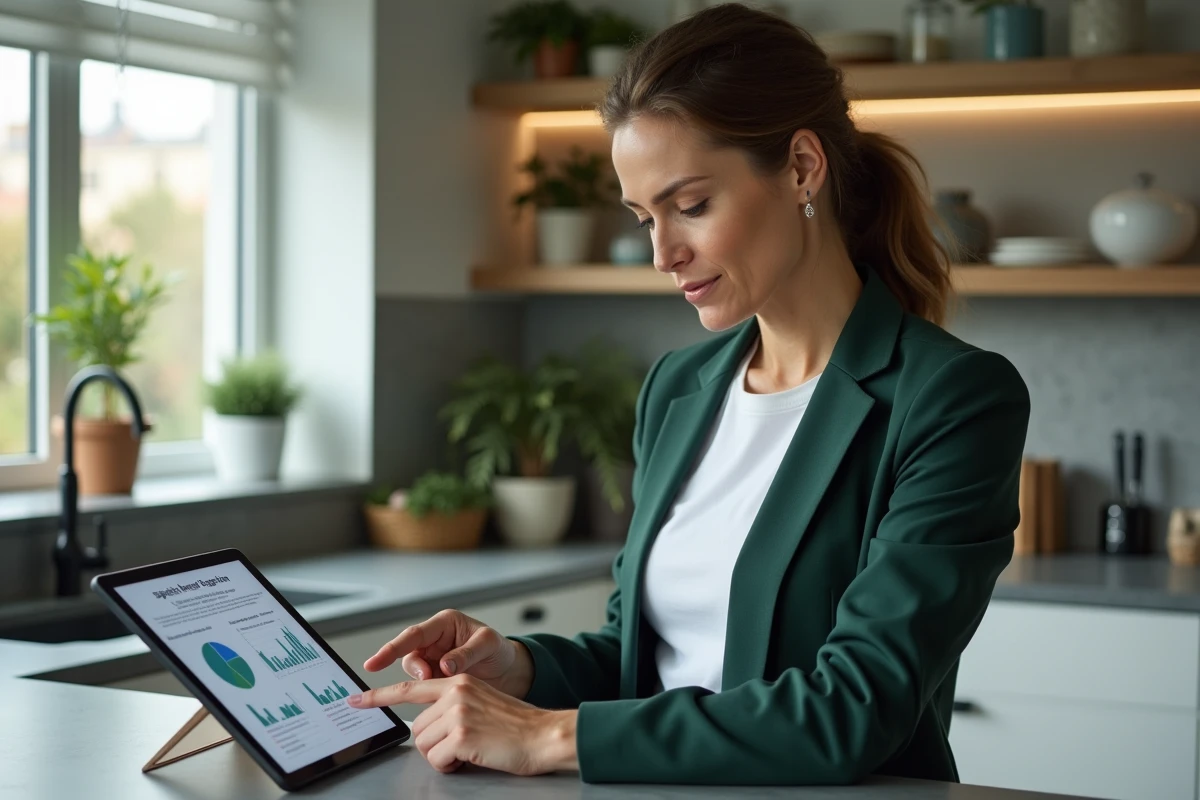 Entrepreneuse analysant une strat&eacute;gie de vente de formation en ligne sur une tablette num&eacute;rique dans un cadre domestique professionnel avec systeme.io