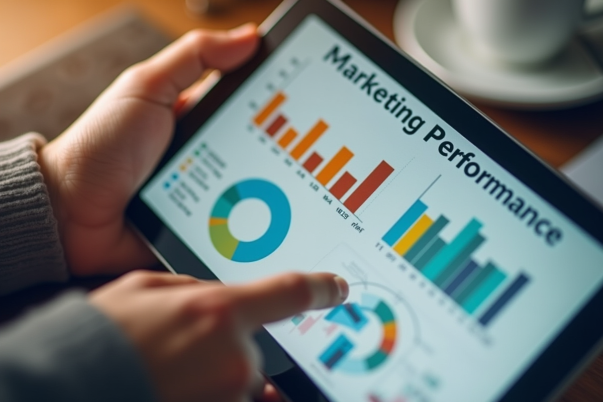 Mains tenant une tablette avec graphiques marketing en gros plan