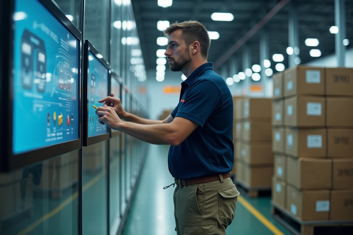 Technicien en polo ajustant un panneau de contrôle dans la salle d