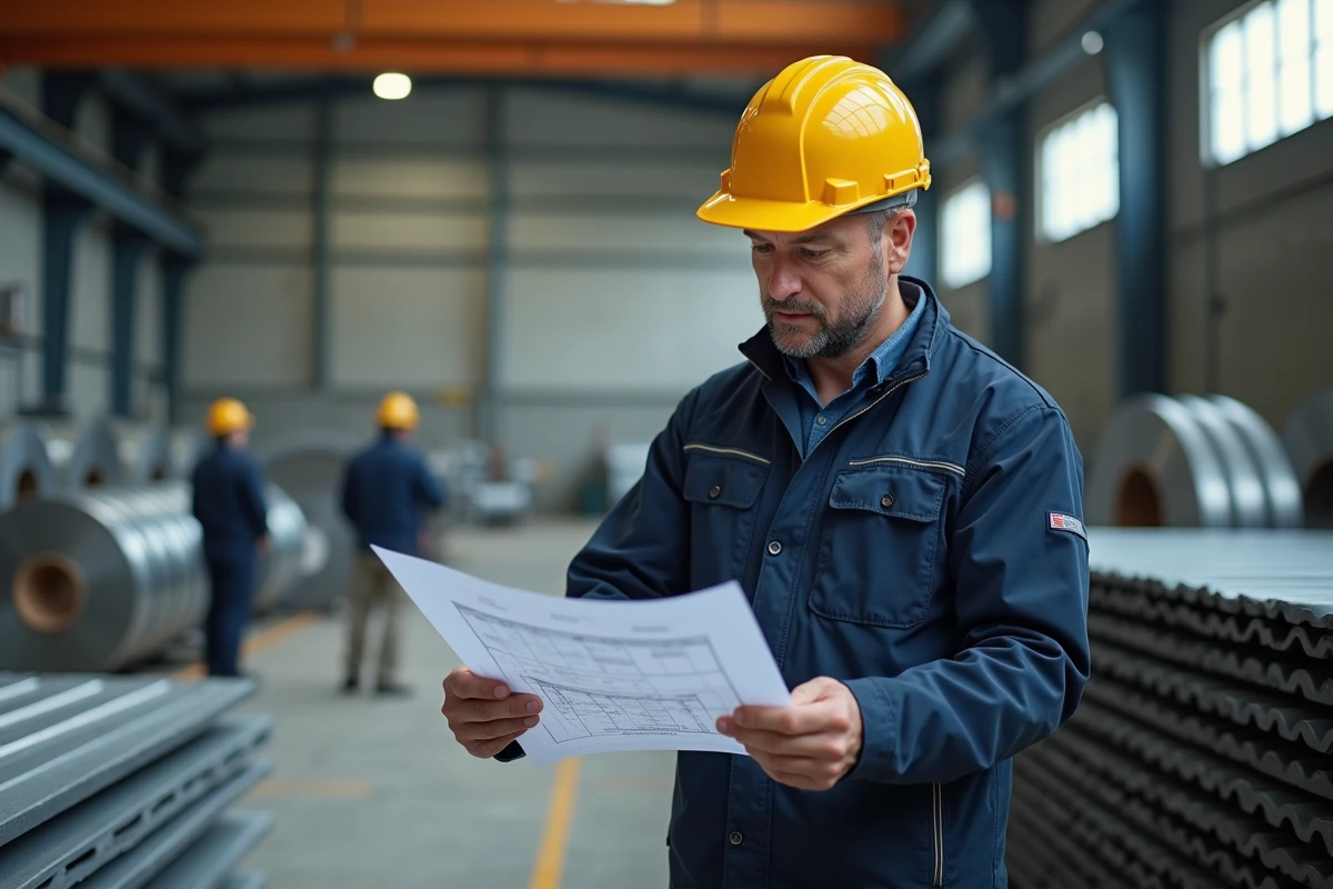 Technicien industriel vérifiant plans de toiture métallique