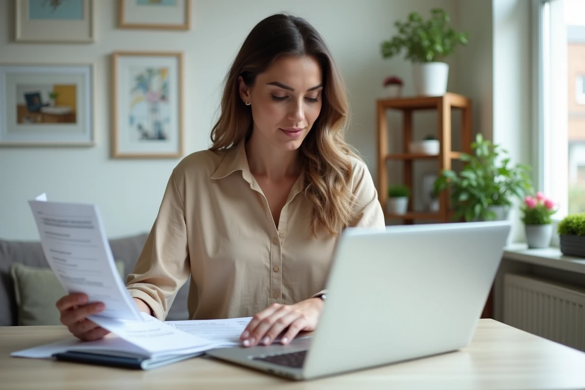 Jeune femme en télétravail organisant ses fiches de paie et documents RH à côté de son ordinateur portable