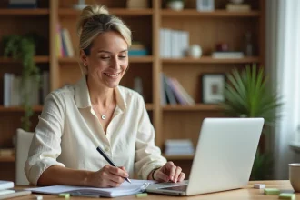 Femme consultant son agenda papier tout en utilisant un ordinateur portable pour passer à une solution de prise de rendez-vous en ligne