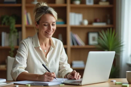 Femme consultant son agenda papier tout en utilisant un ordinateur portable pour passer à une solution de prise de rendez-vous en ligne
