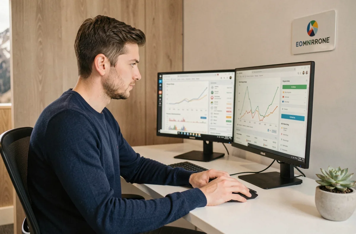 Consultant SEO de l'agence Tyseo analysant des données de référencement sur double écran