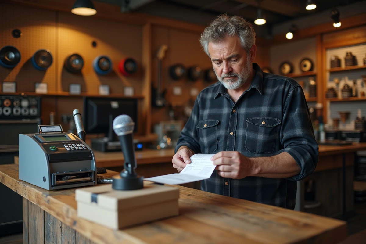 Gérant de magasin de musique vérifiant une livraison Thomann avec bon de commande