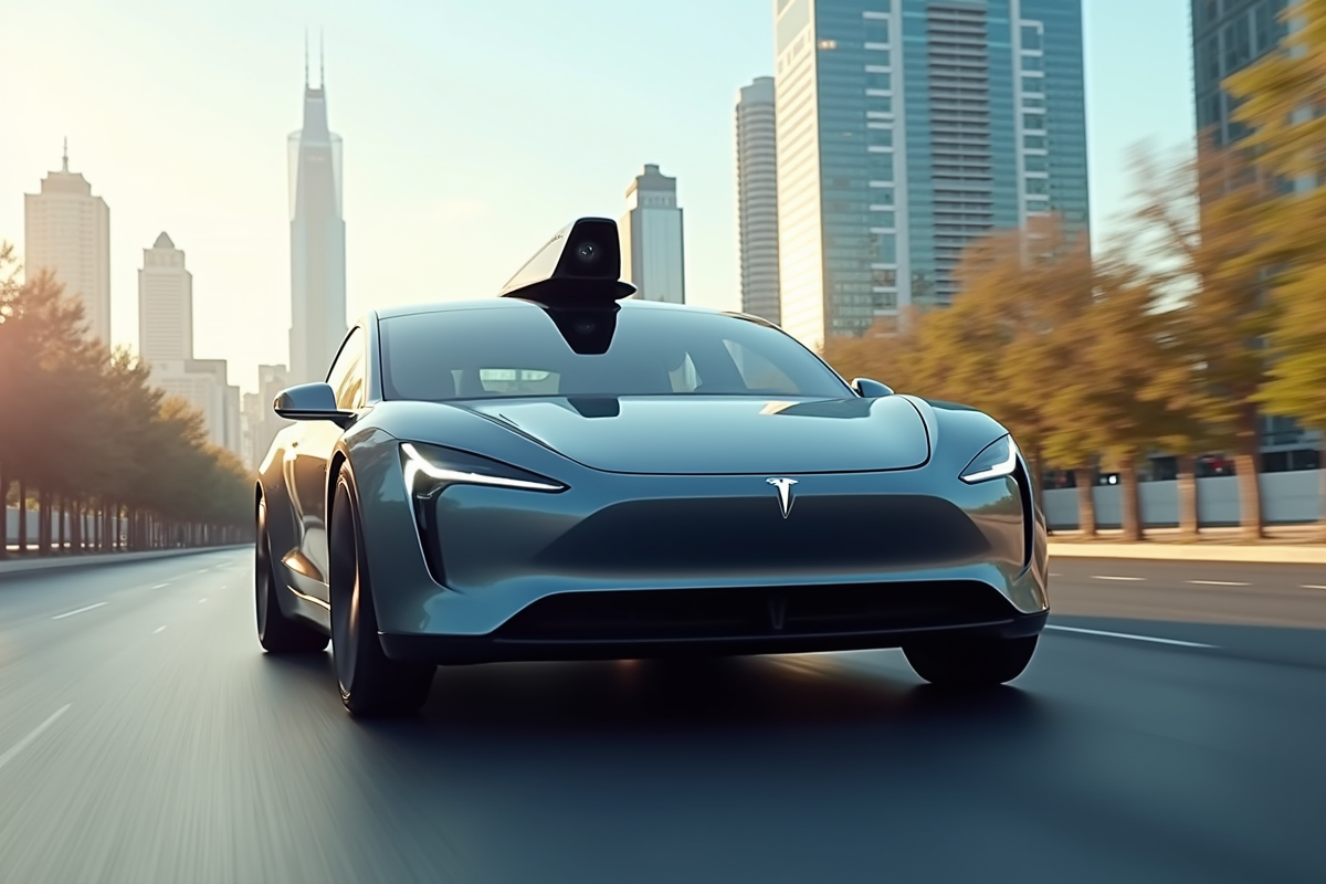 Voiture Tesla autonome sur une rue en ville ensoleillée